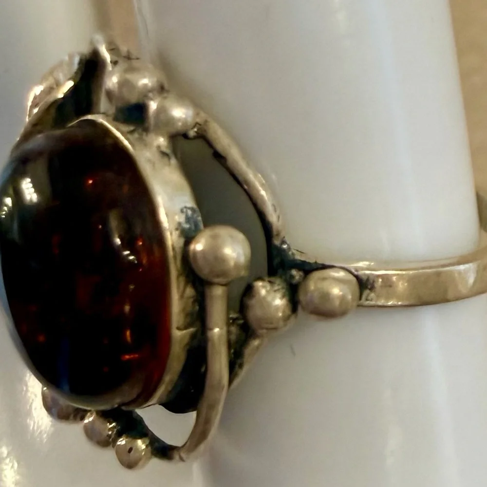 Artisan Sterling Silver Amber Statement Ring - Brown Amber